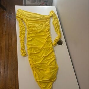 Yellow Off-Shoulder Ruched Dress